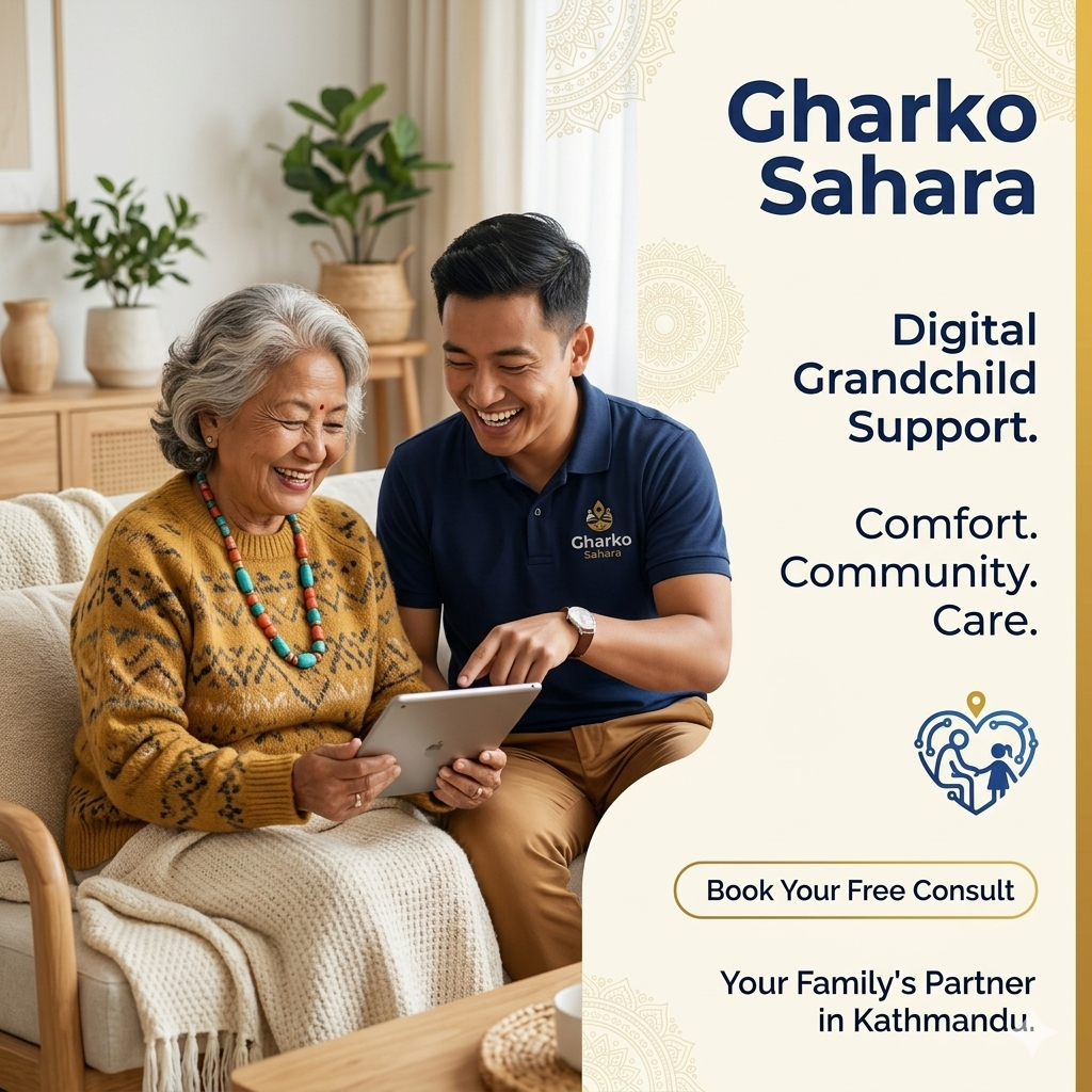 Elderly person smiling with tablet